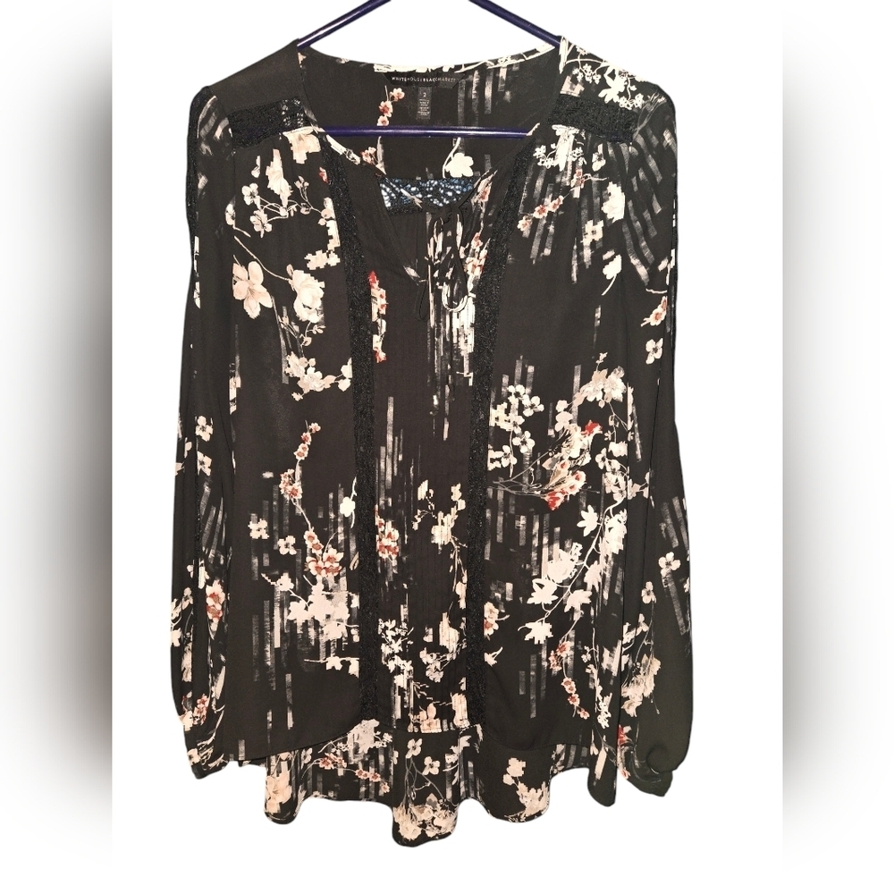 White House Black Market Sheer & Lace Floral Blouse
